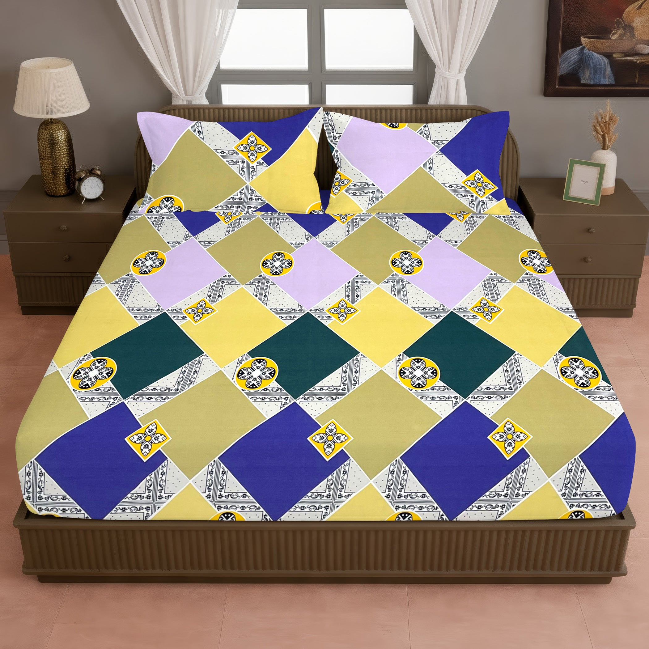 Mustard Yellow Geometric Printed Microfiber Double Queen Bedsheet with Pillow cover