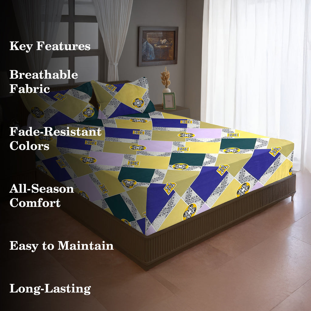 Mustard Yellow Geometric Printed Microfiber Double Queen Bedsheet with Pillow cover