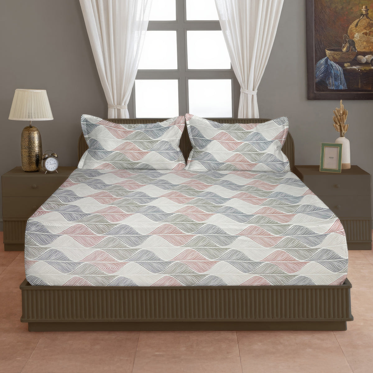 Ivory Pastel Wave Harmony 140 TC Polyester Bedsheet Set with Pillow Cover