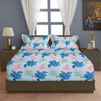 Aqua Botanical Leaf Dance 140 TC Polyester Bedsheet Set with Pillow Cover