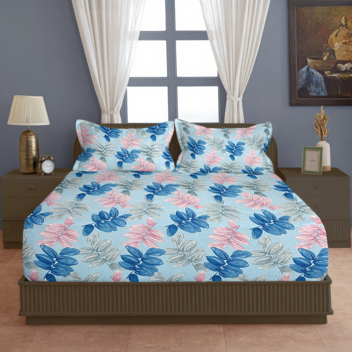 Aqua Botanical Leaf Dance 140 TC Polyester Bedsheet Set with Pillow Cover