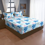 Aqua Botanical Leaf Dance 140 TC Polyester Bedsheet Set with Pillow Cover