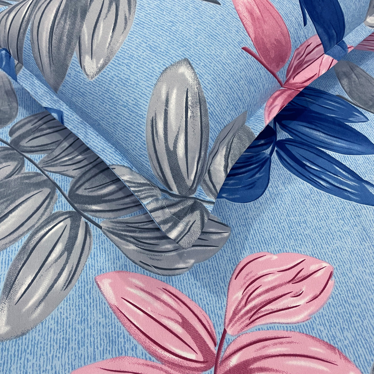 Aqua Botanical Leaf Dance 140 TC Polyester Bedsheet Set with Pillow Cover