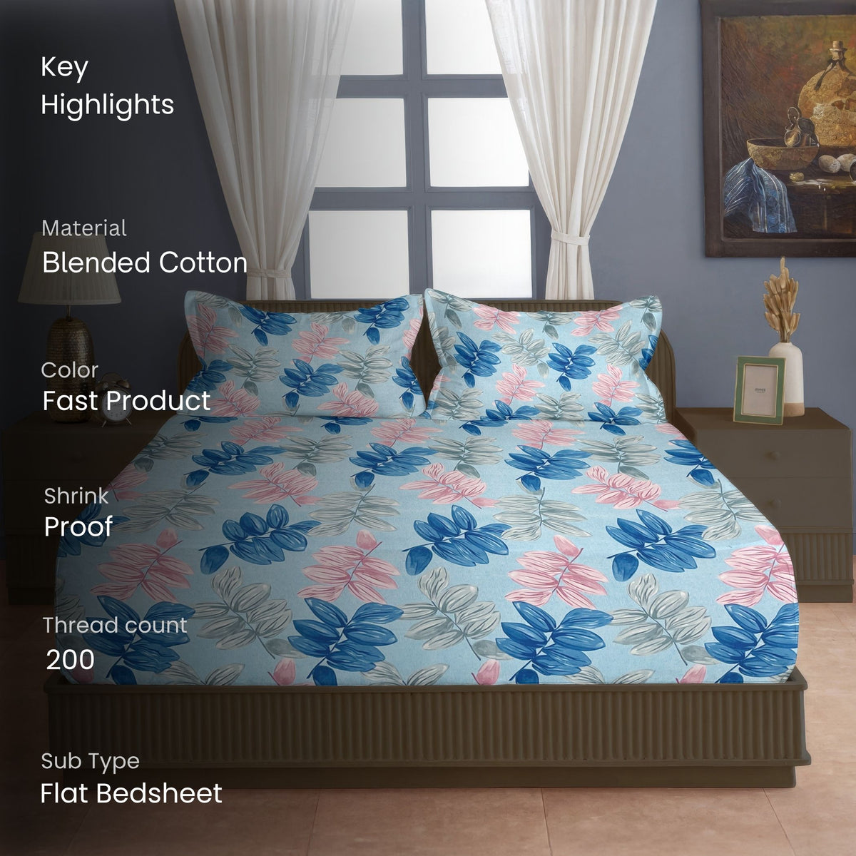 Aqua Botanical Leaf Dance 140 TC Polyester Bedsheet Set with Pillow Cover