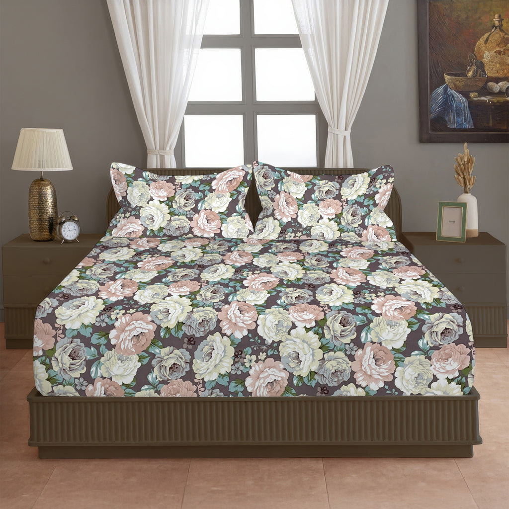 Brown Botanical Printed Microfiber Double Queen Bedsheet with Pillow cover