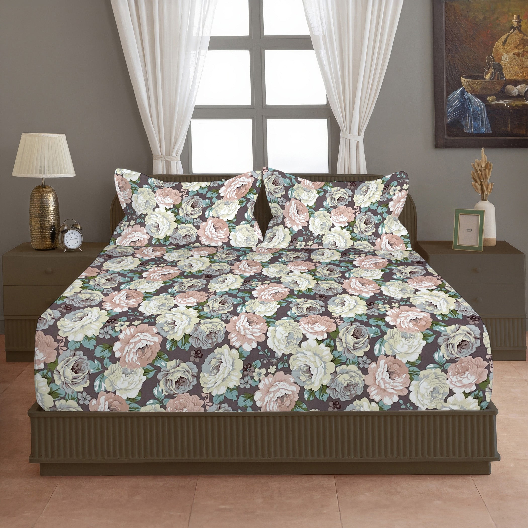 Brown Botanical Printed Microfiber Double Queen Bedsheet with Pillow cover