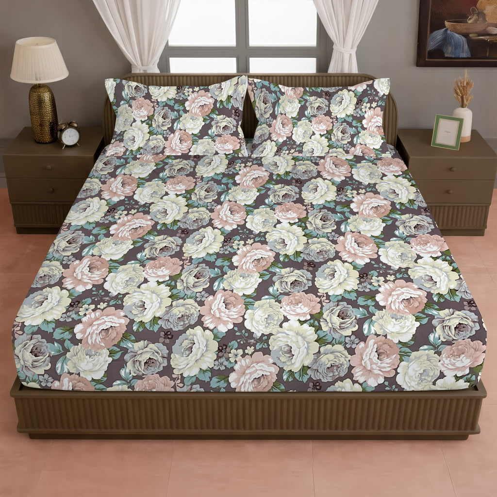 Brown Botanical Printed Microfiber Double Queen Bedsheet with Pillow cover