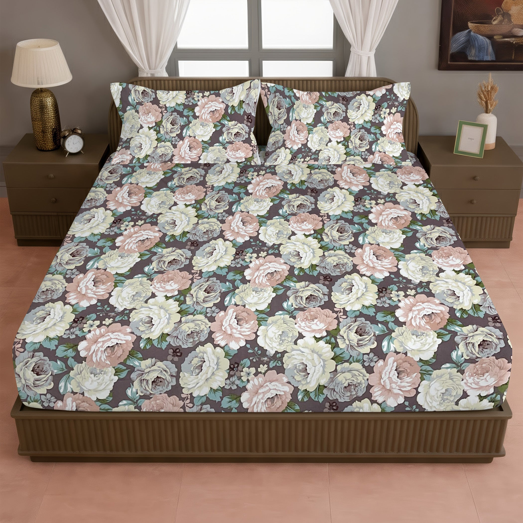 Brown Botanical Printed Microfiber Double Queen Bedsheet with Pillow cover