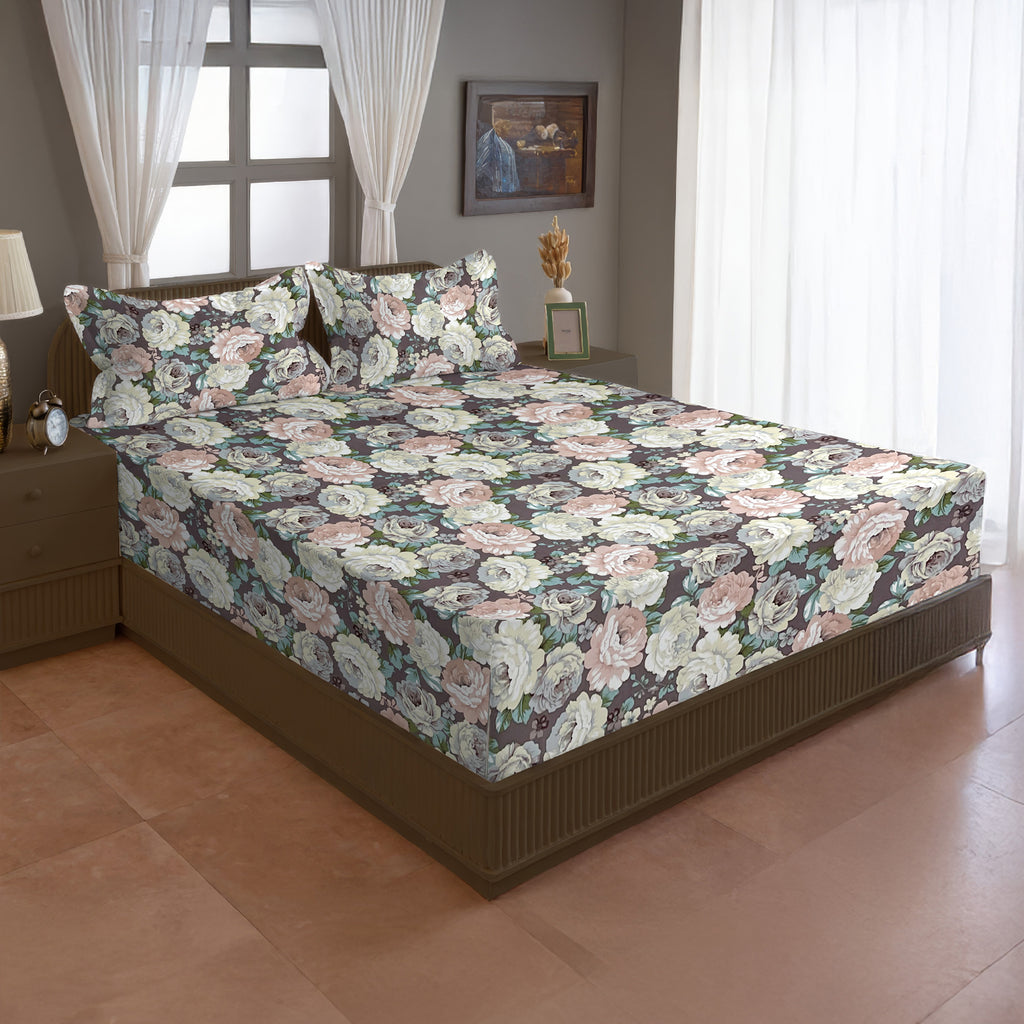 Brown Botanical Printed Microfiber Double Queen Bedsheet with Pillow cover