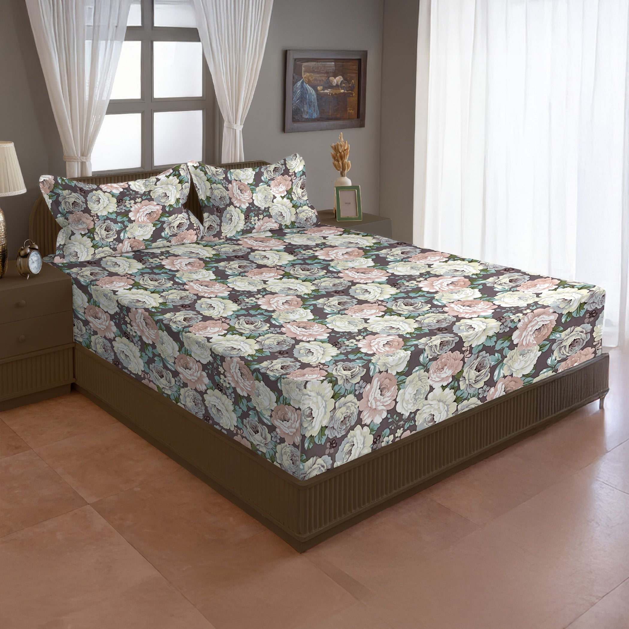 Brown Botanical Printed Microfiber Double Queen Bedsheet with Pillow cover