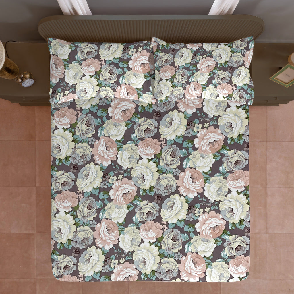 Brown Botanical Printed Microfiber Double Queen Bedsheet with Pillow cover