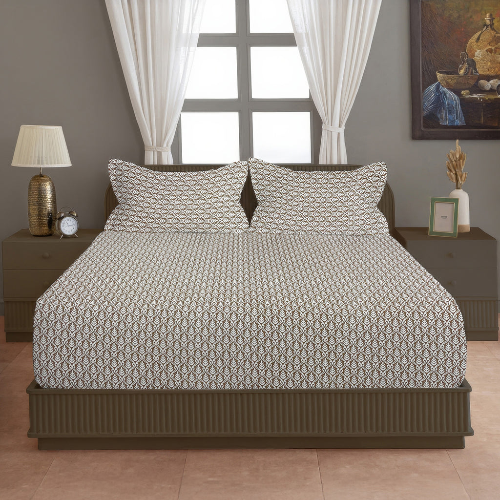 Brown Leaf Printed Microfiber Double Queen Bedsheet with Pillow cover