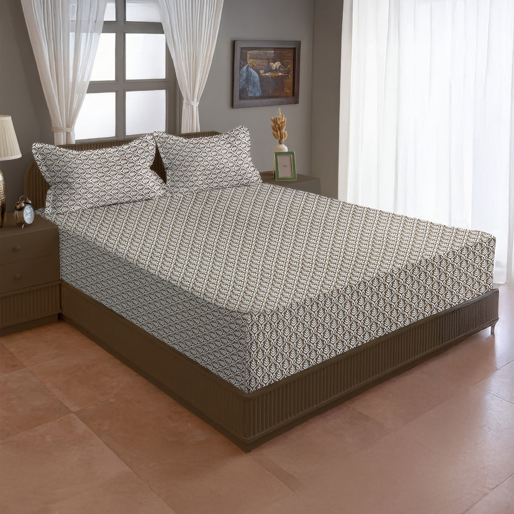 Brown Leaf Printed Microfiber Double Queen Bedsheet with Pillow cover