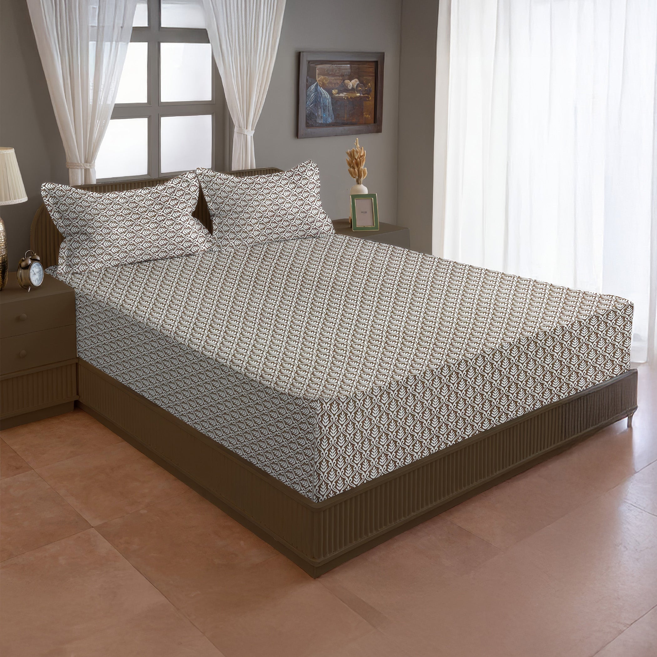 Brown Leaf Printed Microfiber Double Queen Bedsheet with Pillow cover