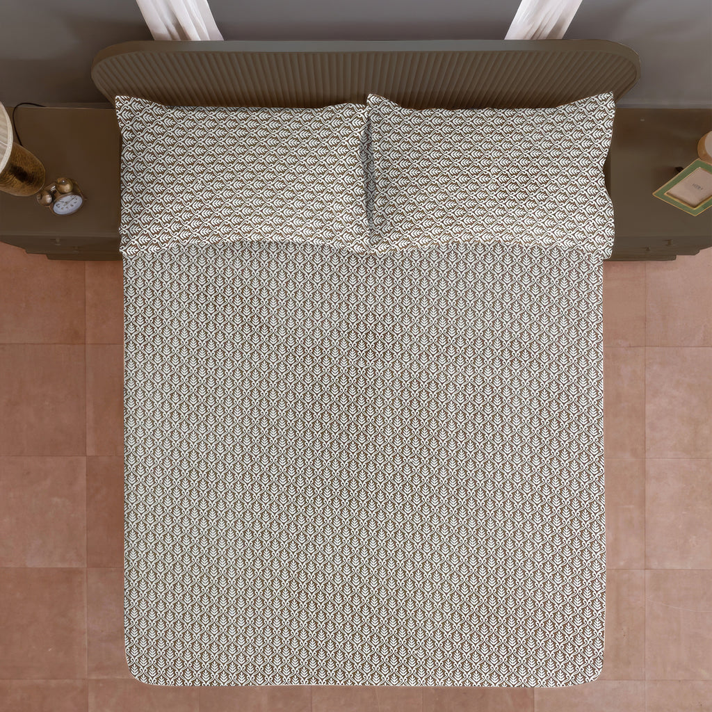 Brown Leaf Printed Microfiber Double Queen Bedsheet with Pillow cover