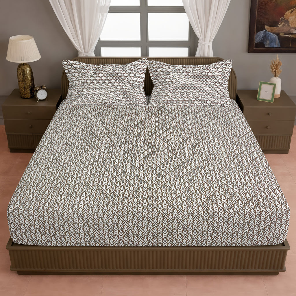Brown Leaf Printed Microfiber Double Queen Bedsheet with Pillow cover