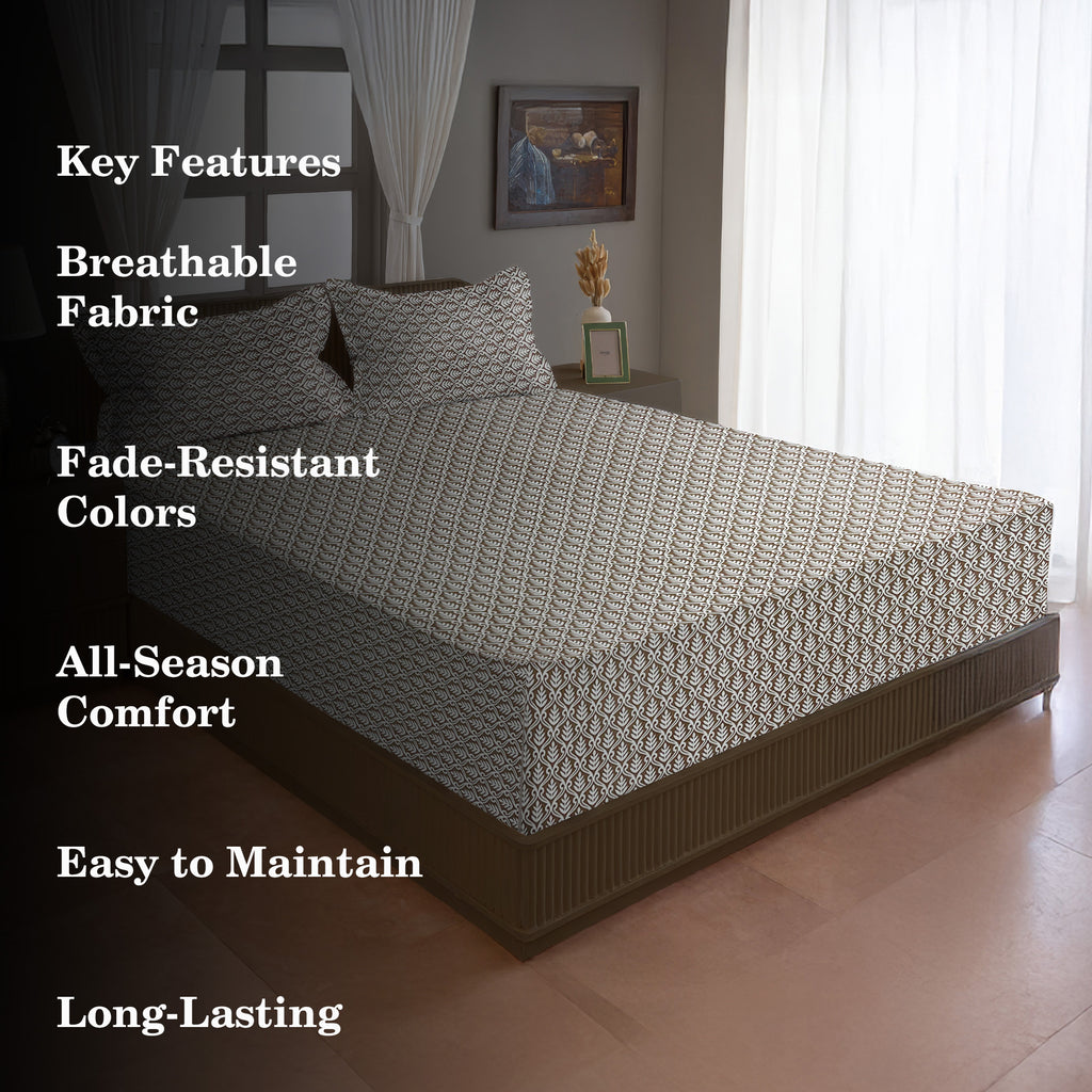 Brown Leaf Printed Microfiber Double Queen Bedsheet with Pillow cover