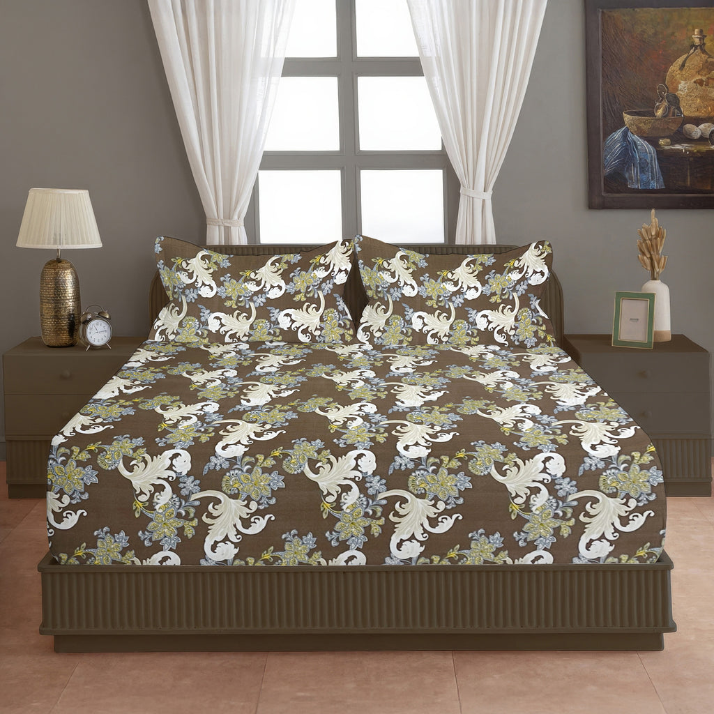 Cream Botanical Printed Microfiber Double Queen Bedsheet with Pillow cover