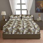 Cream Botanical Printed Microfiber Double Queen Bedsheet with Pillow cover