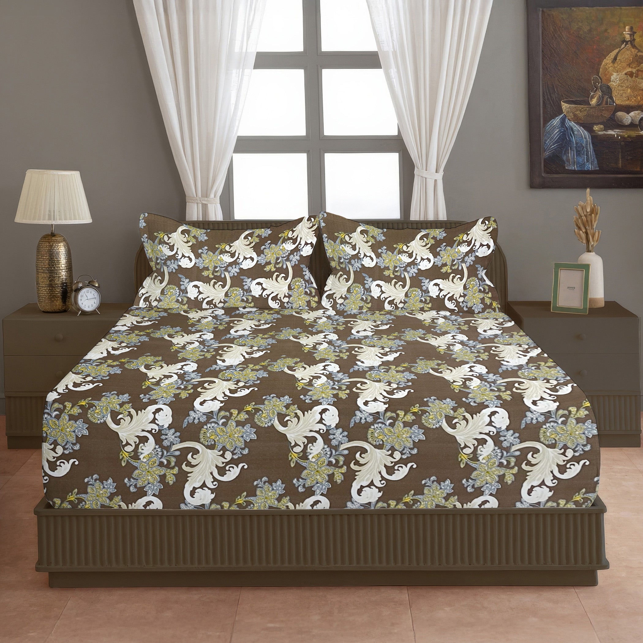 Cream Botanical Printed Microfiber Double Queen Bedsheet with Pillow cover