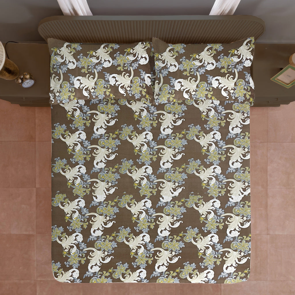 Cream Botanical Printed Microfiber Double Queen Bedsheet with Pillow cover