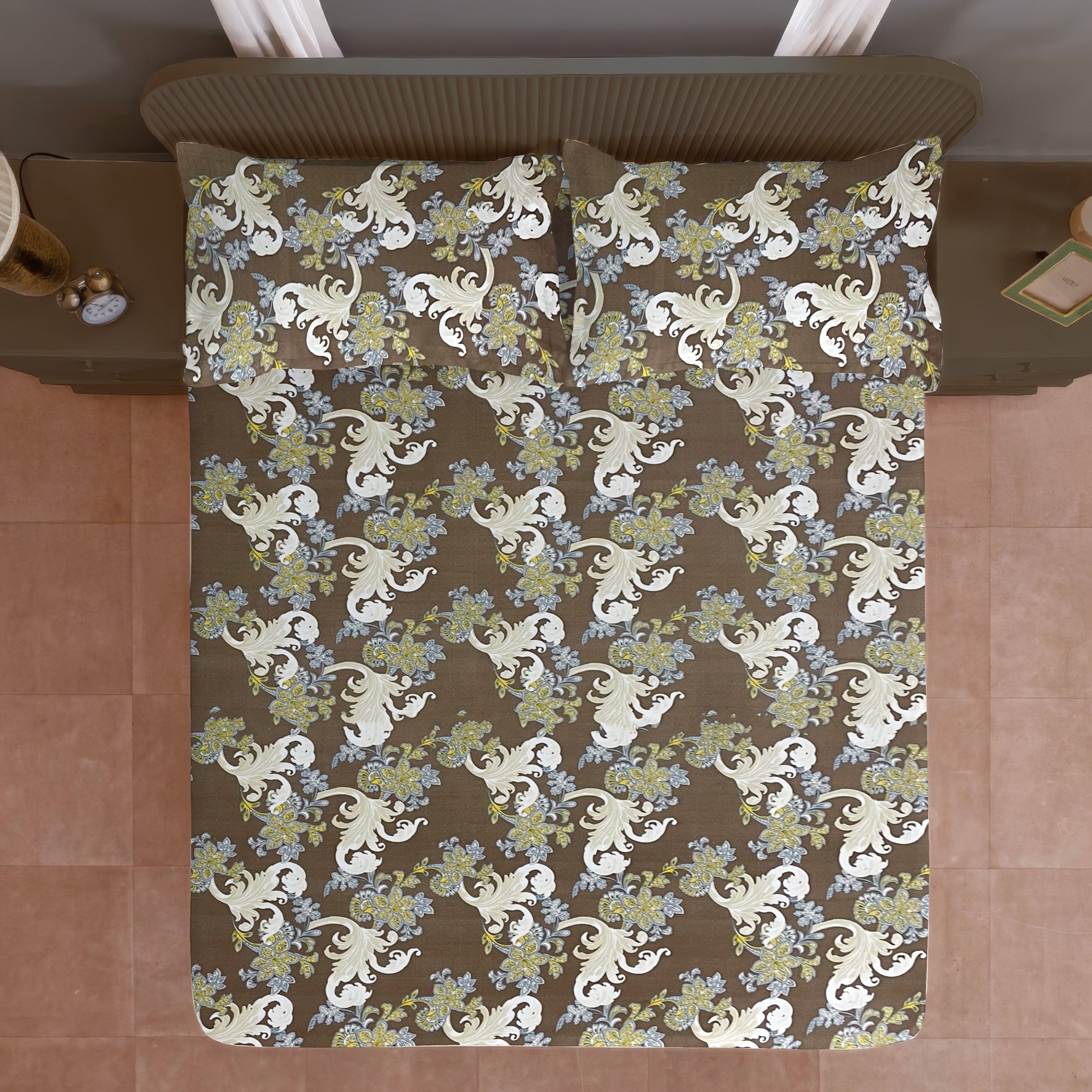Cream Botanical Printed Microfiber Double Queen Bedsheet with Pillow cover