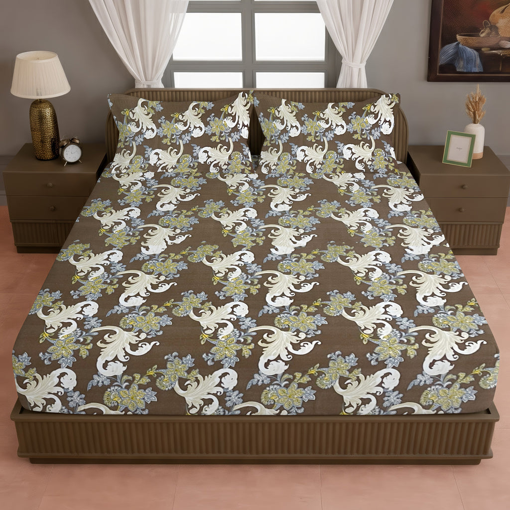 Cream Botanical Printed Microfiber Double Queen Bedsheet with Pillow cover