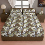 Cream Botanical Printed Microfiber Double Queen Bedsheet with Pillow cover