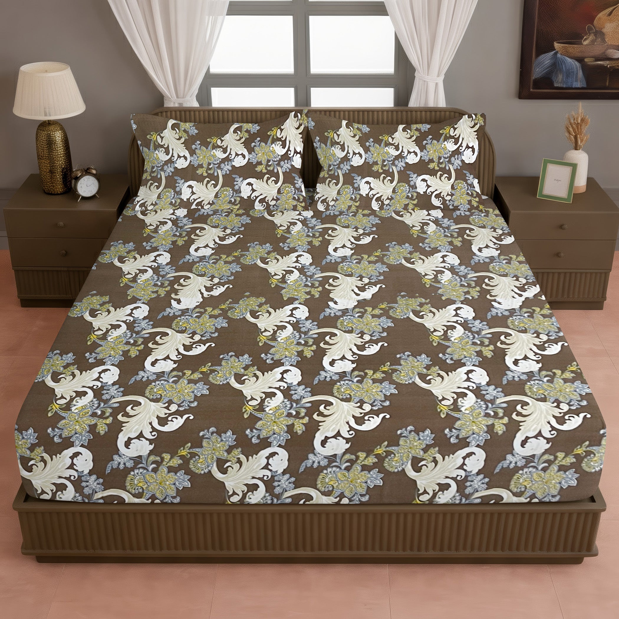 Cream Botanical Printed Microfiber Double Queen Bedsheet with Pillow cover