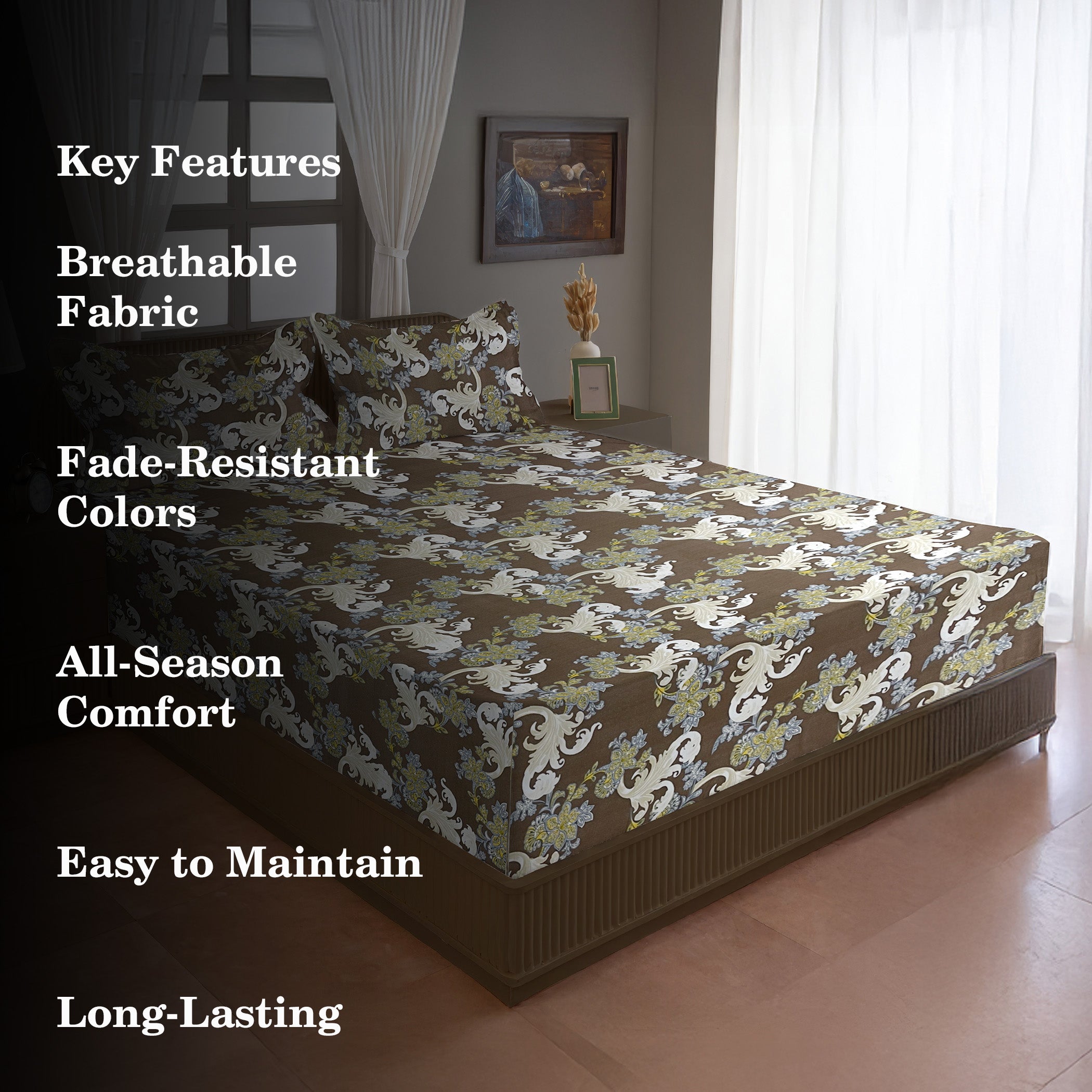 Cream Botanical Printed Microfiber Double Queen Bedsheet with Pillow cover