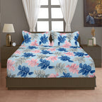 Sky Blue Leaf Print Printed Microfiber Double Queen Bedsheet with Pillow cover