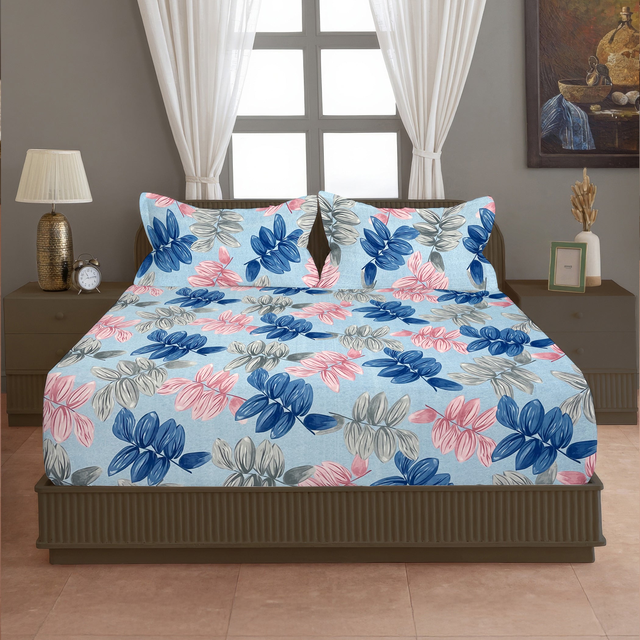 Sky Blue Leaf Print Printed Microfiber Double Queen Bedsheet with Pillow cover