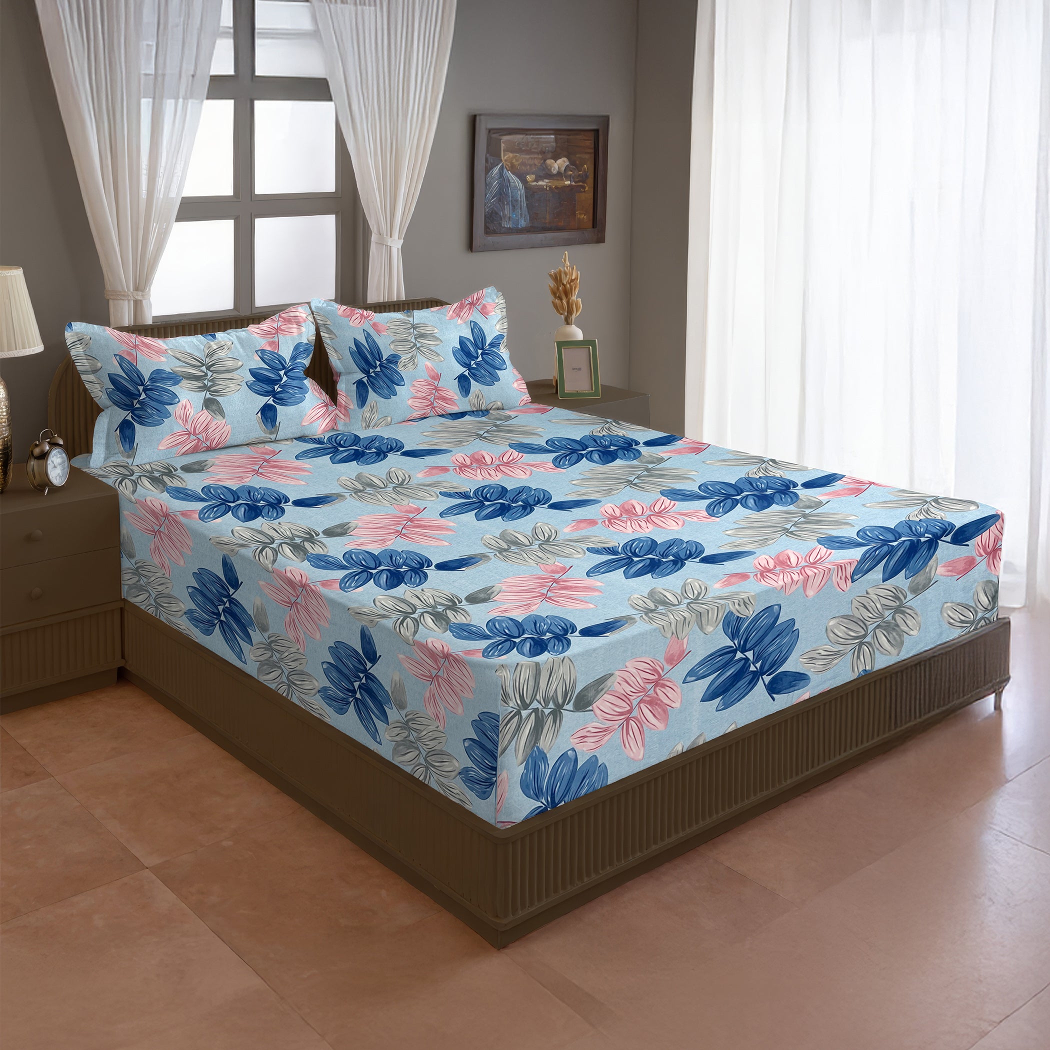 Sky Blue Leaf Print Printed Microfiber Double Queen Bedsheet with Pillow cover