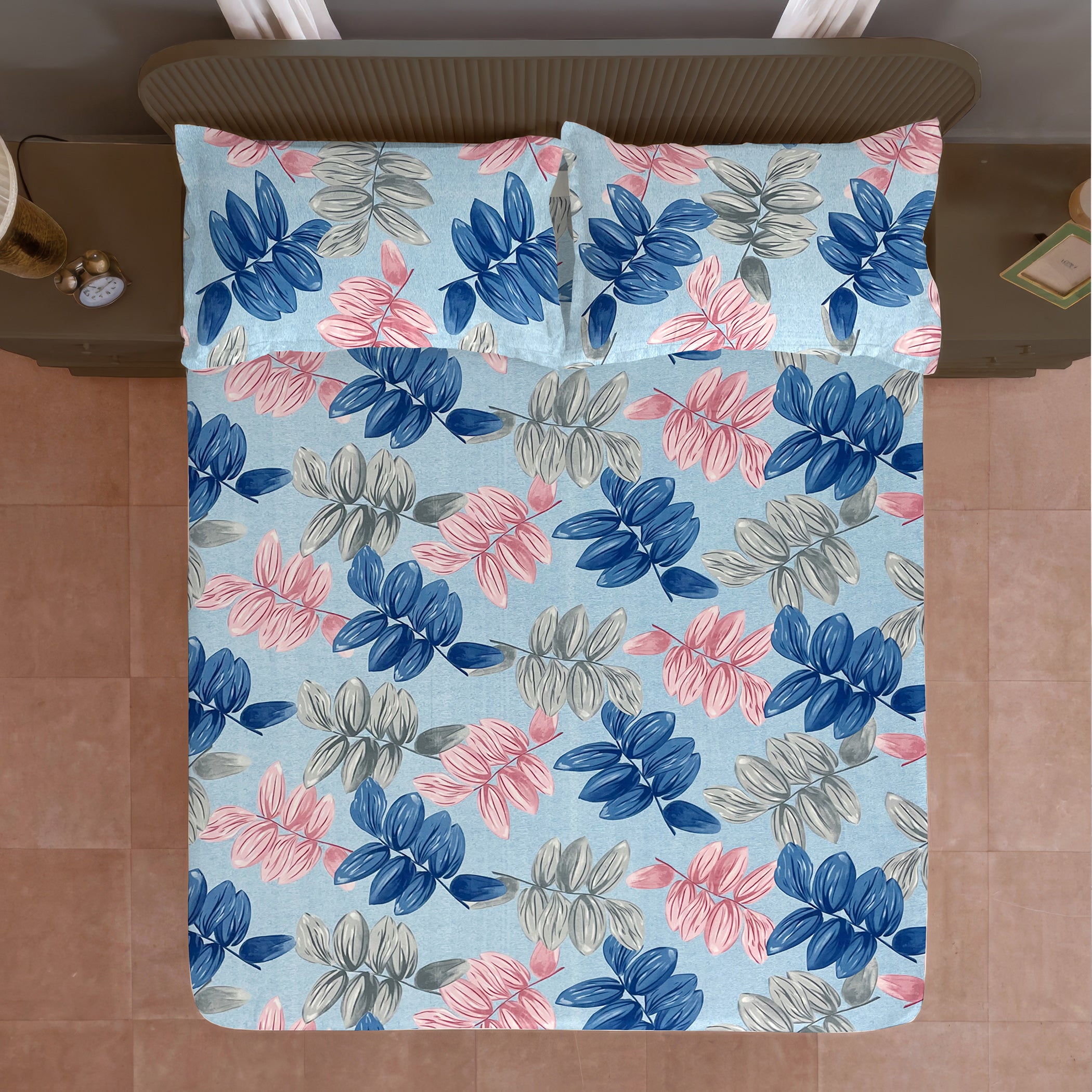 Sky Blue Leaf Print Printed Microfiber Double Queen Bedsheet with Pillow cover