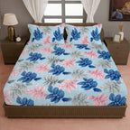 Sky Blue Leaf Print Printed Microfiber Double Queen Bedsheet with Pillow cover