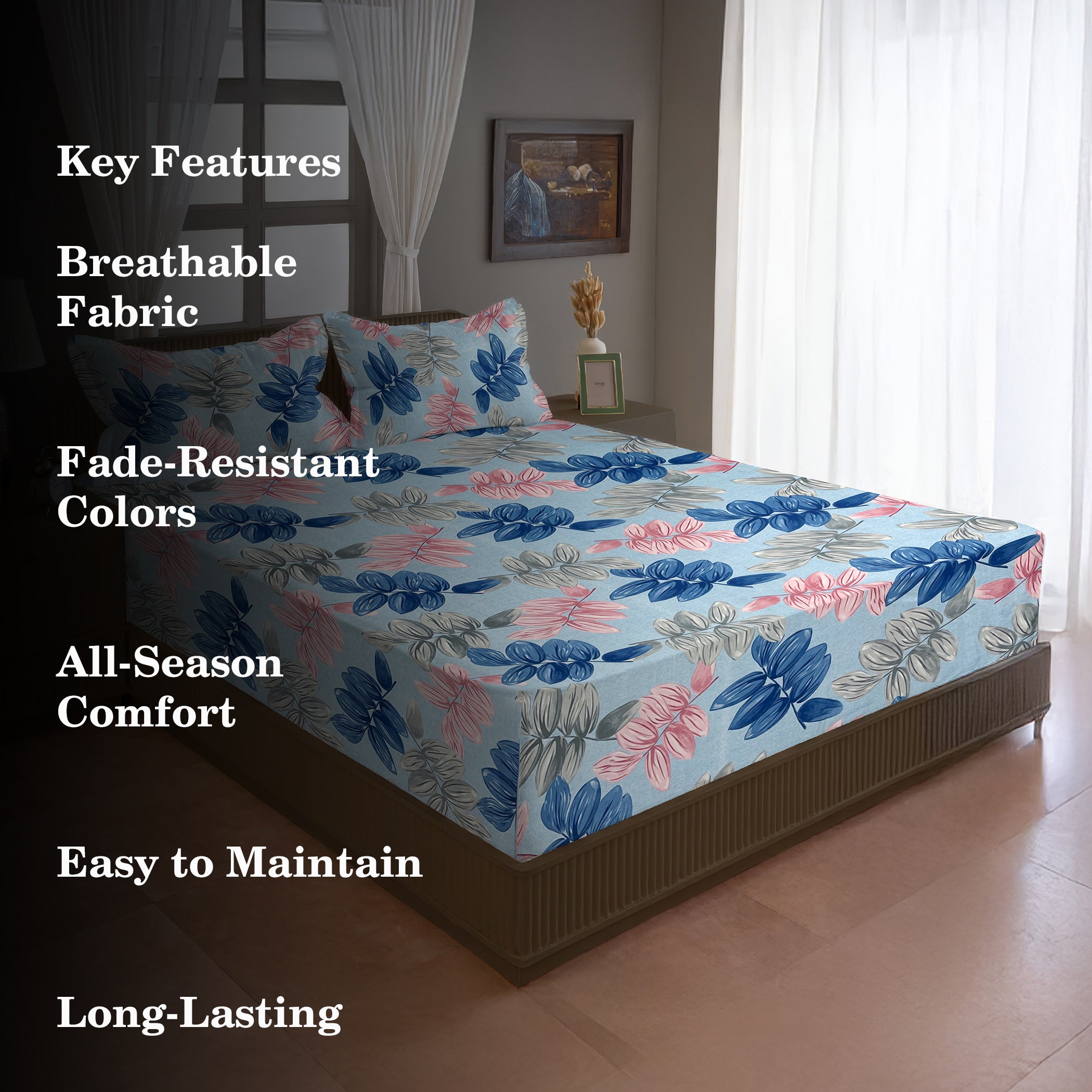 Sky Blue Leaf Print Printed Microfiber Double Queen Bedsheet with Pillow cover