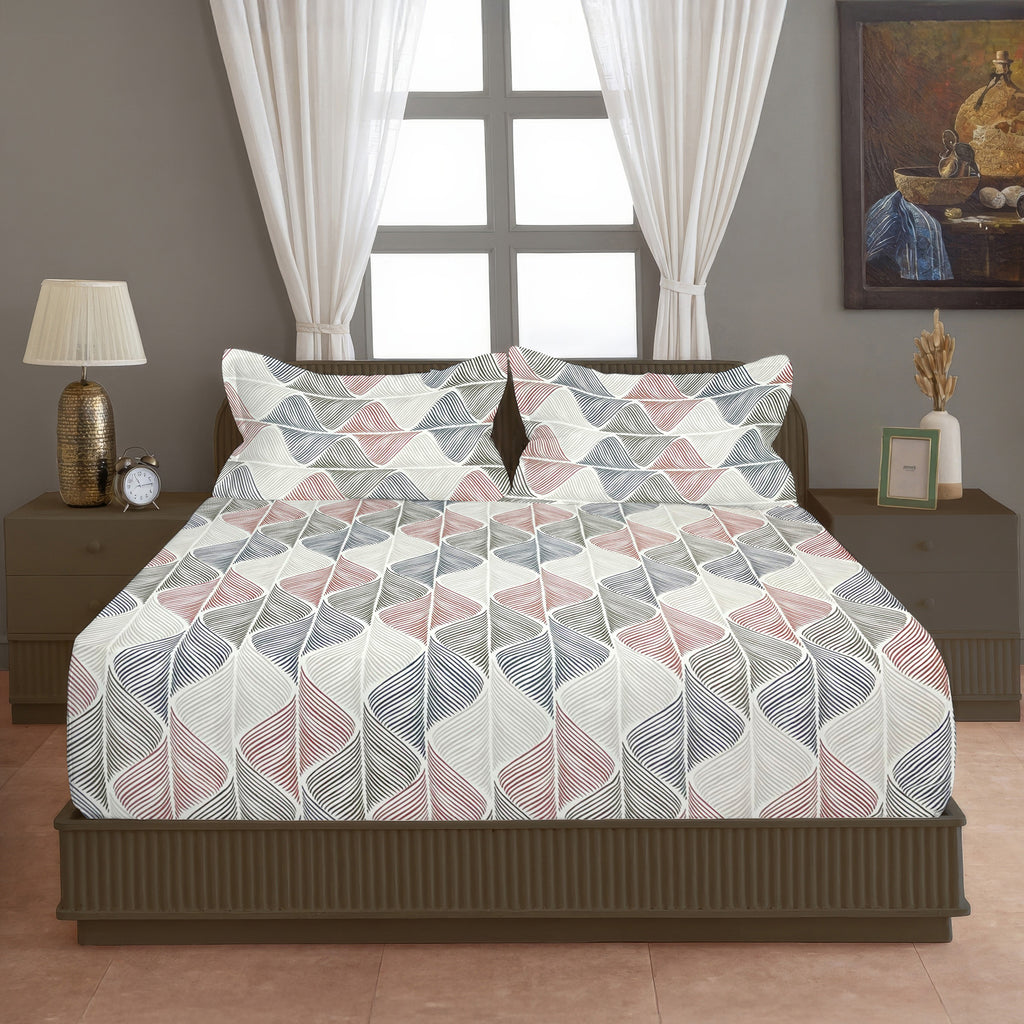 Cream Wave Printed Microfiber Double Queen Bedsheet with Pillow cover