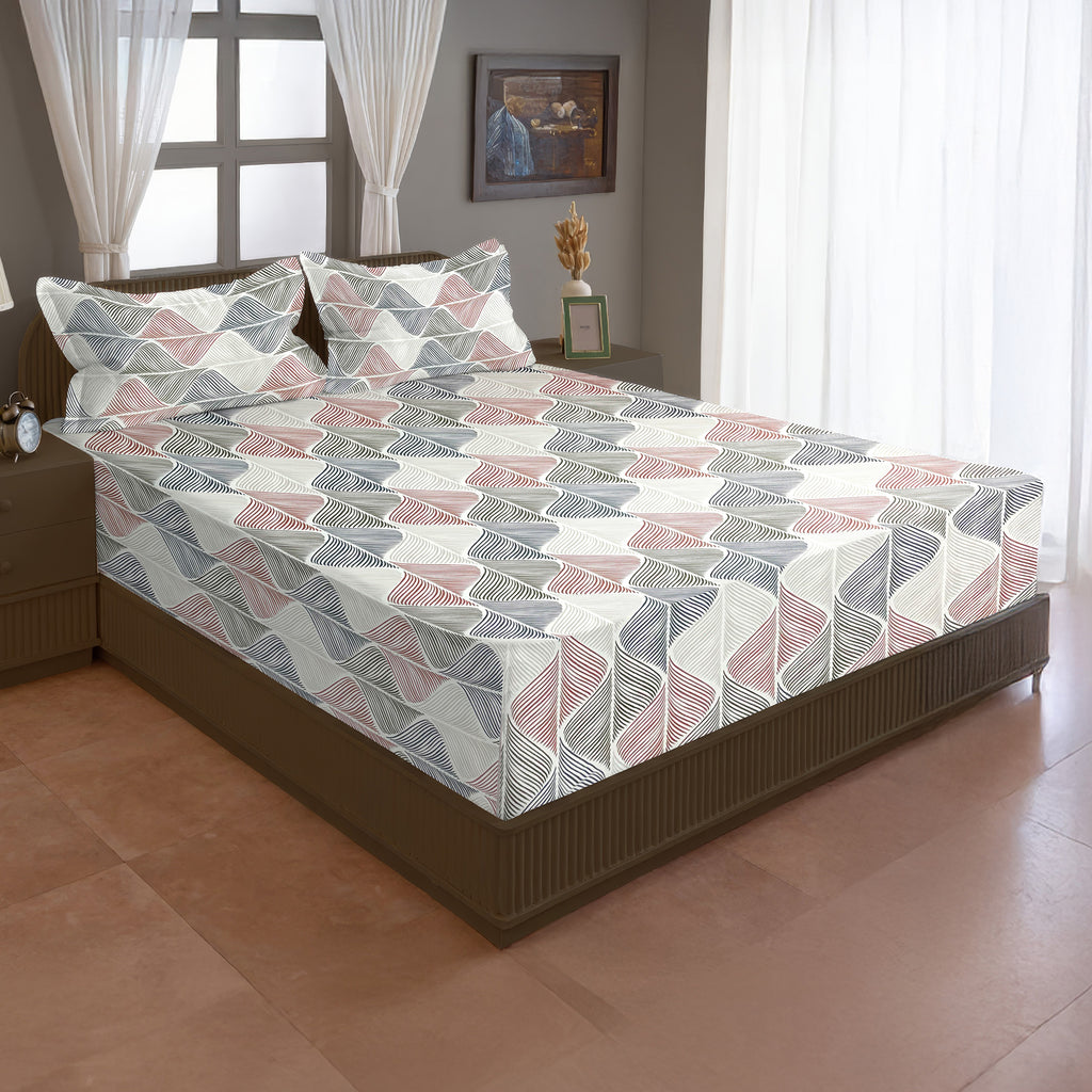 Cream Wave Printed Microfiber Double Queen Bedsheet with Pillow cover