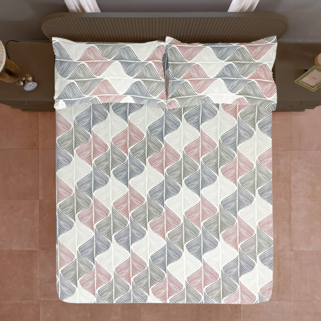 Cream Wave Printed Microfiber Double Queen Bedsheet with Pillow cover