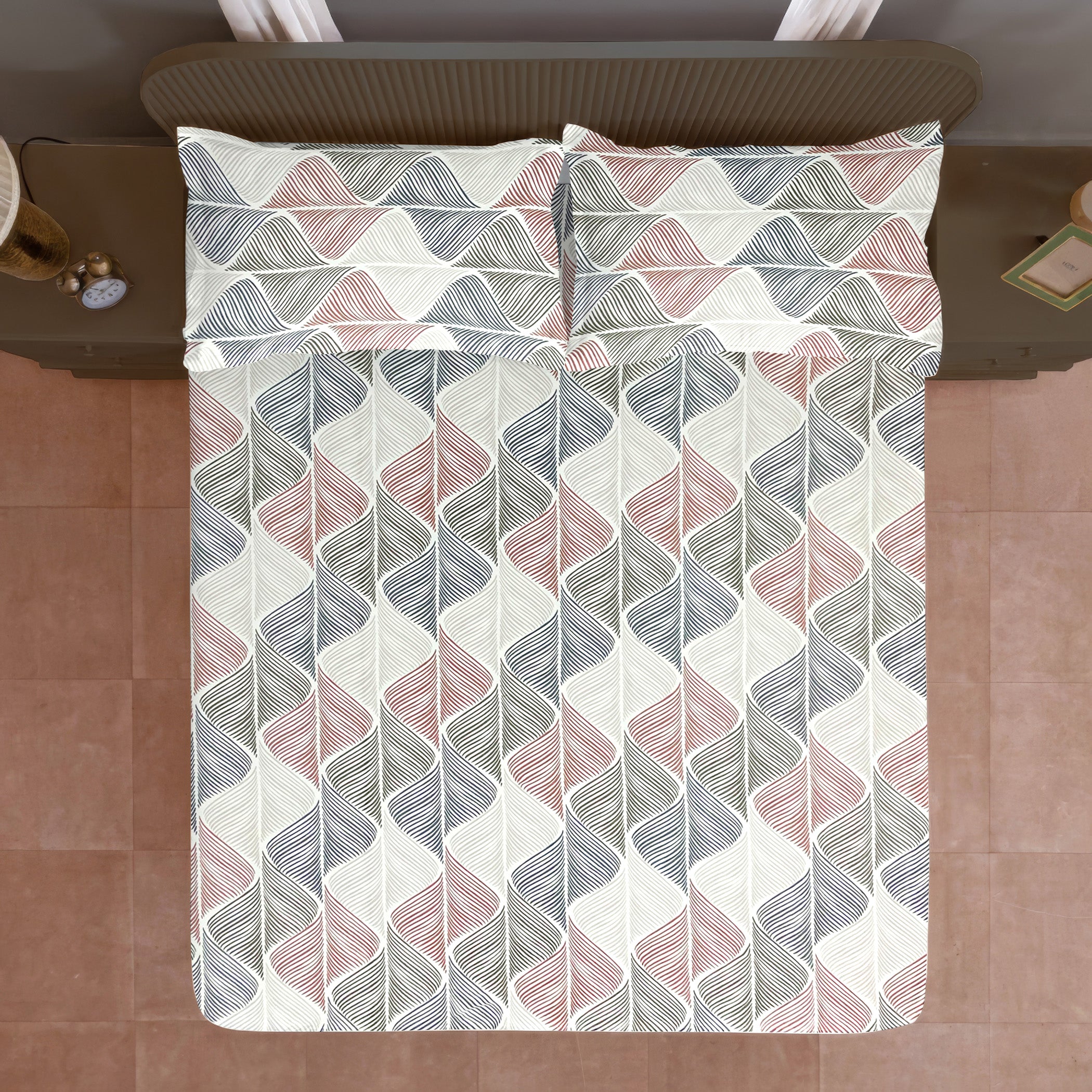 Cream Wave Printed Microfiber Double Queen Bedsheet with Pillow cover