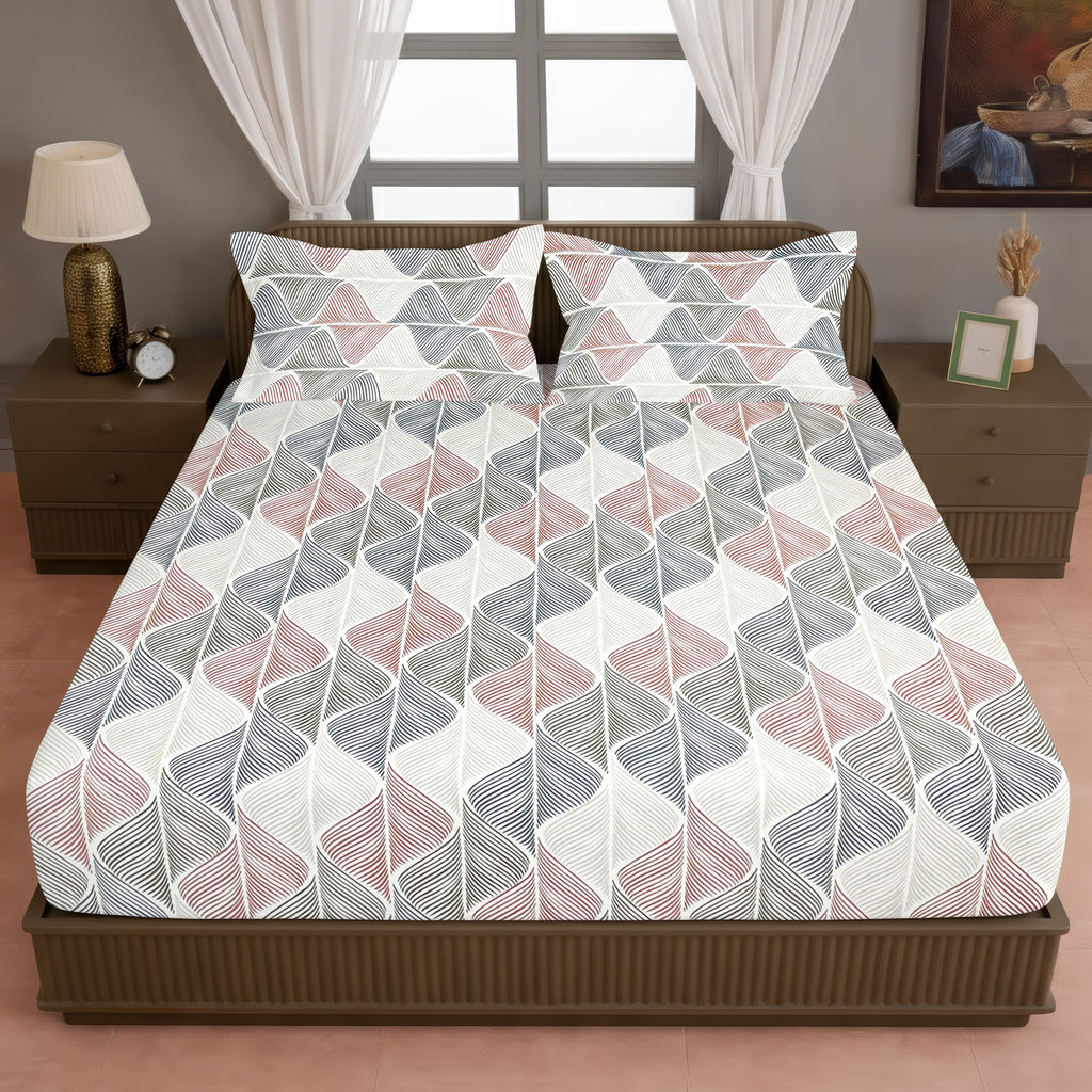 Cream Wave Printed Microfiber Double Queen Bedsheet with Pillow cover