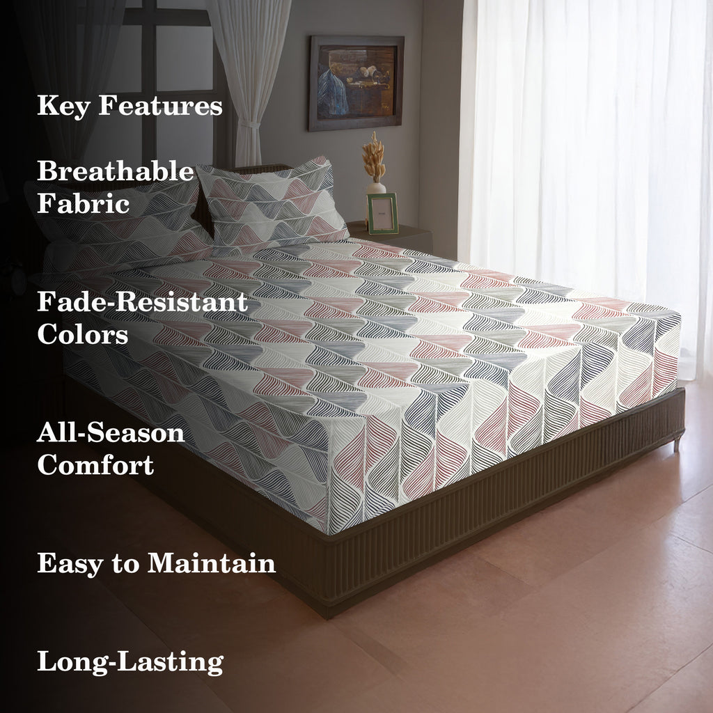 Cream Wave Printed Microfiber Double Queen Bedsheet with Pillow cover