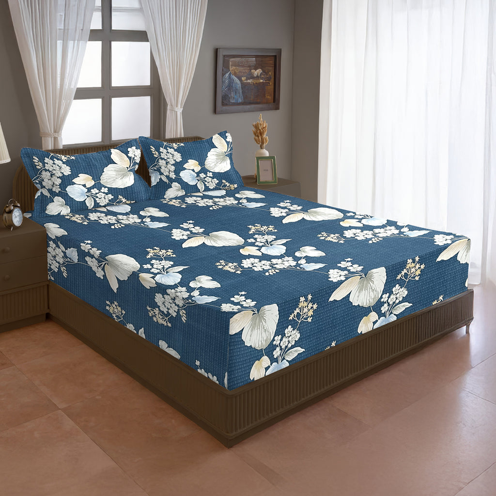 Navy Blue Botanical Printed Microfiber Double Queen Bedsheet with Pillow cover