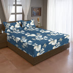 Navy Blue Botanical Printed Microfiber Double Queen Bedsheet with Pillow cover