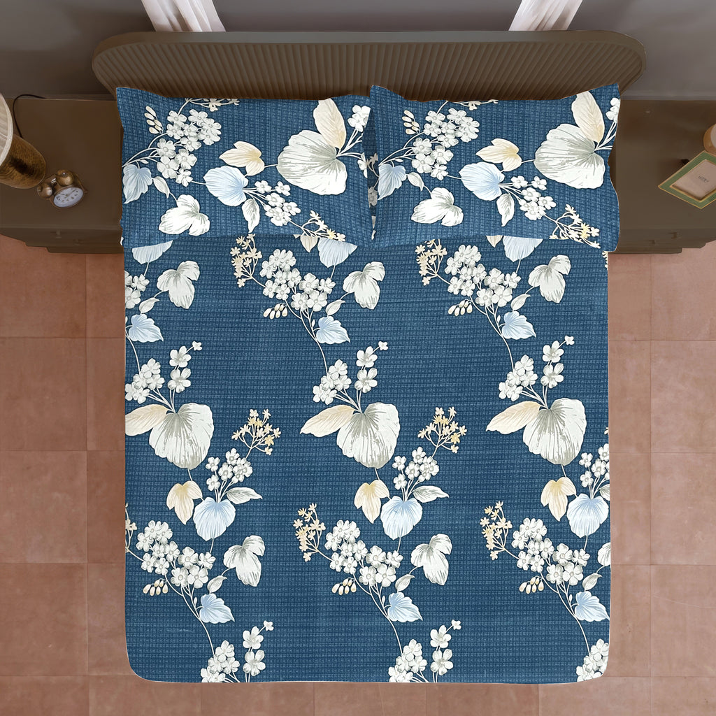 Navy Blue Botanical Printed Microfiber Double Queen Bedsheet with Pillow cover