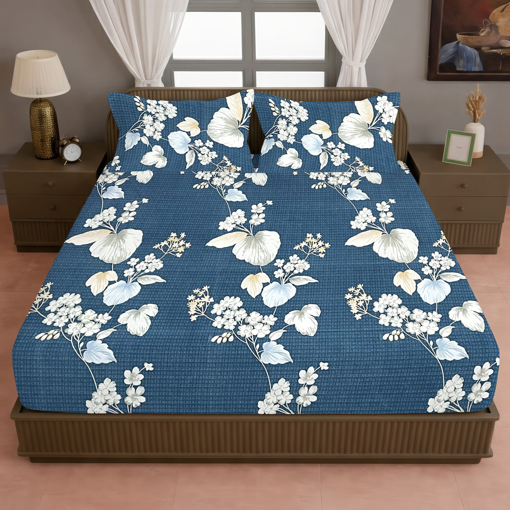 Navy Blue Botanical Printed Microfiber Double Queen Bedsheet with Pillow cover
