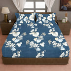 Navy Blue Botanical Printed Microfiber Double Queen Bedsheet with Pillow cover