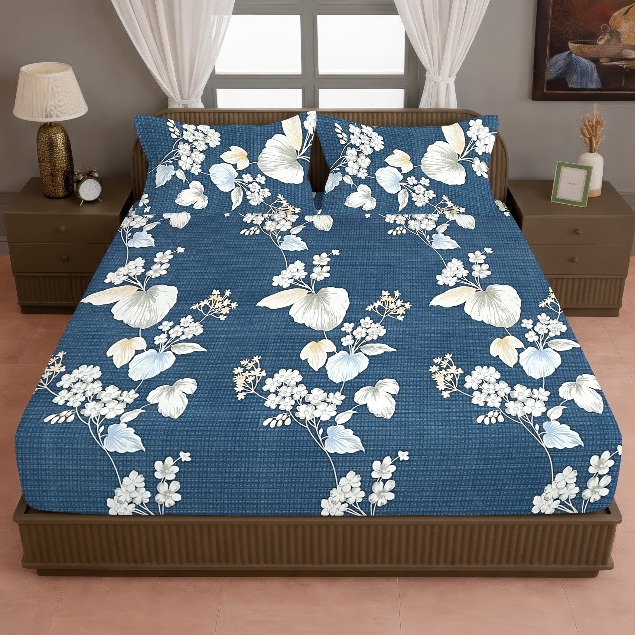 Navy Blue Botanical Printed Microfiber Double Queen Bedsheet with Pillow cover