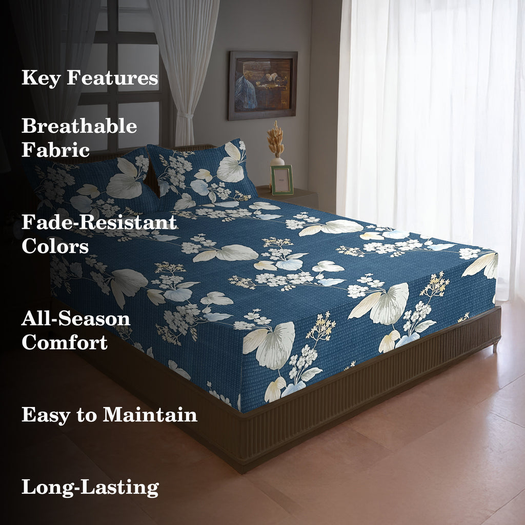 Navy Blue Botanical Printed Microfiber Double Queen Bedsheet with Pillow cover