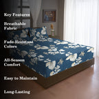 Navy Blue Botanical Printed Microfiber Double Queen Bedsheet with Pillow cover